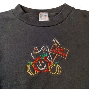 Vintage Happy Halloween Sweatshirt Youth Large Black Crew Neck Ghost Pumpkin